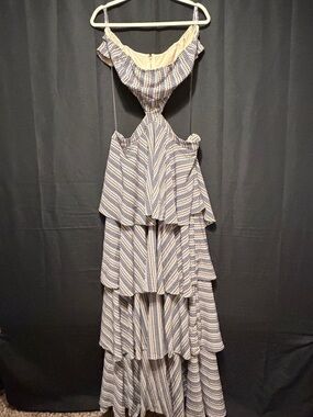 Blue and Tan Tiered Maxi Dress with Cutout